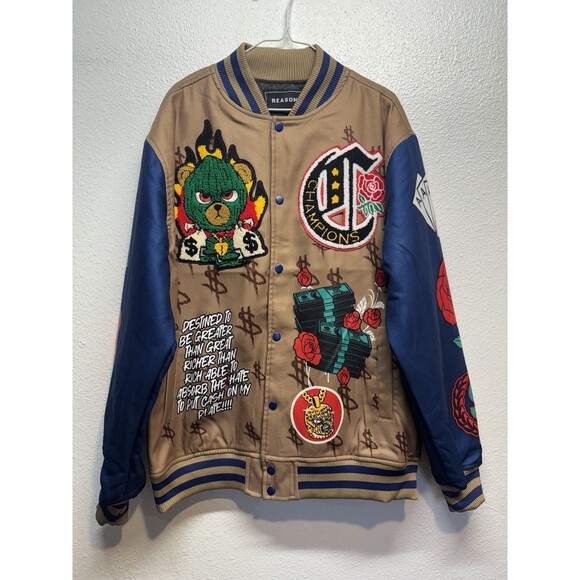 Reason Paper Chaser Chenille Bomber Jacket Mens X-Large Khaki Patched Varsity - Picture 1 of 16